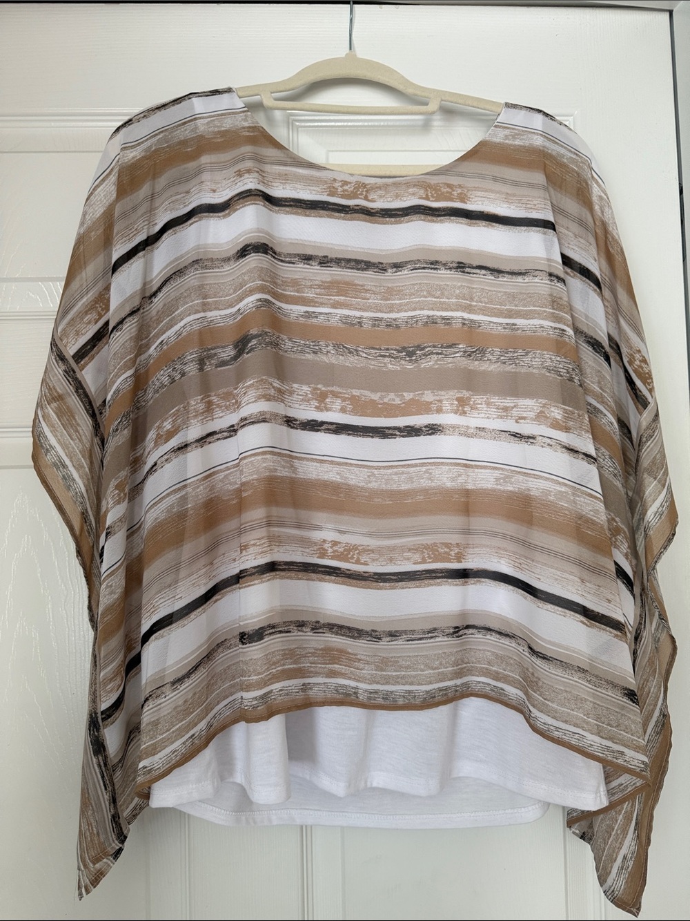 new directions Beige, White & Black Striped Layered Blouse
